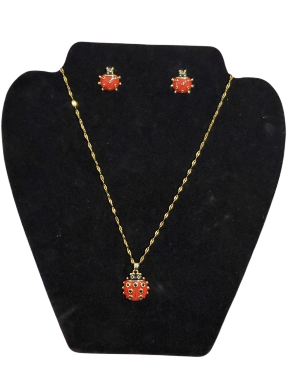 Stainless Steel Gold-Tone Rhinestone Ladybug Pendant Necklace & Stud Earrings